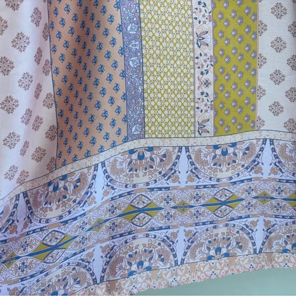 “Presley” Satin Boho Patchwork Wide-Leg Jumpsuit Festival Vacation Resort silky - Picture 8 of 9